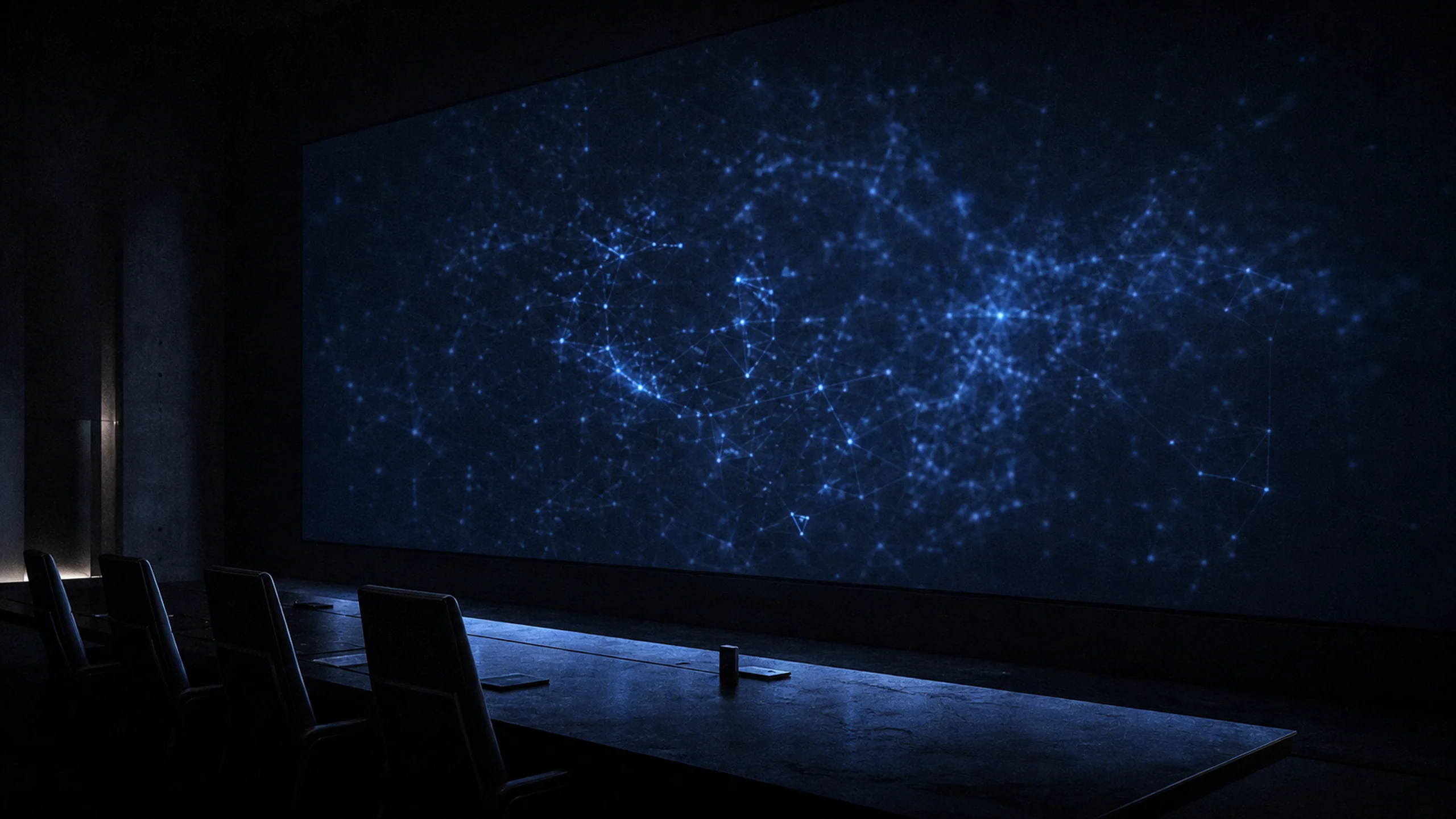 A dark command room: empty high-back chairs at an obsidian table facing a wall-sized display of faint blue graph constellations.