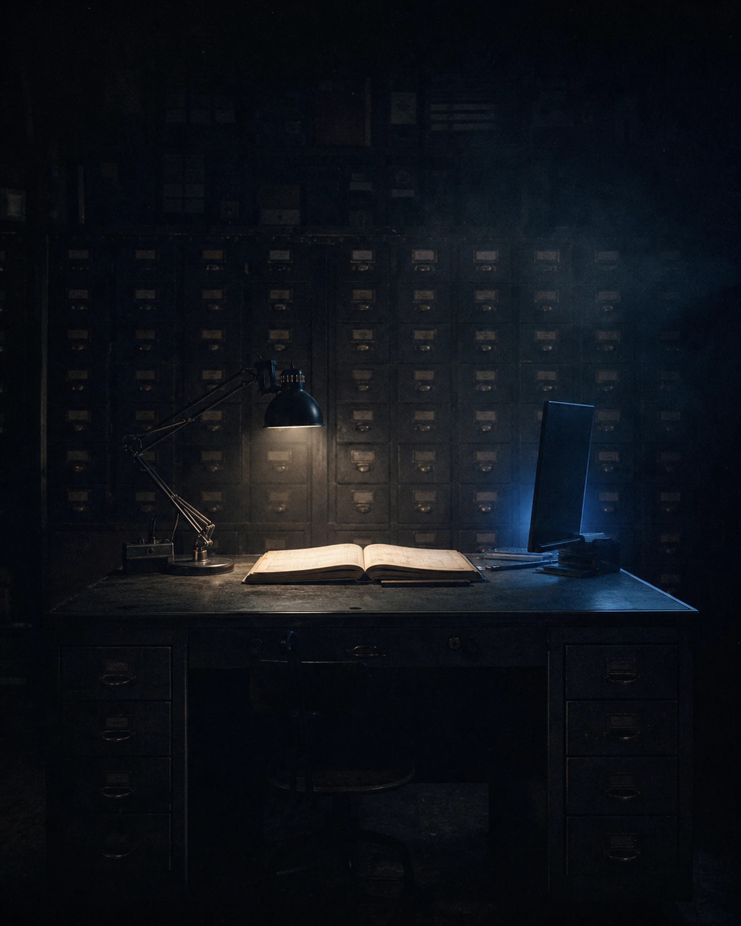 The Librarian's station: a dark desk with an open ledger under a single lamp, a faint blue screen, and a wall of card-catalog drawers receding into shadow.