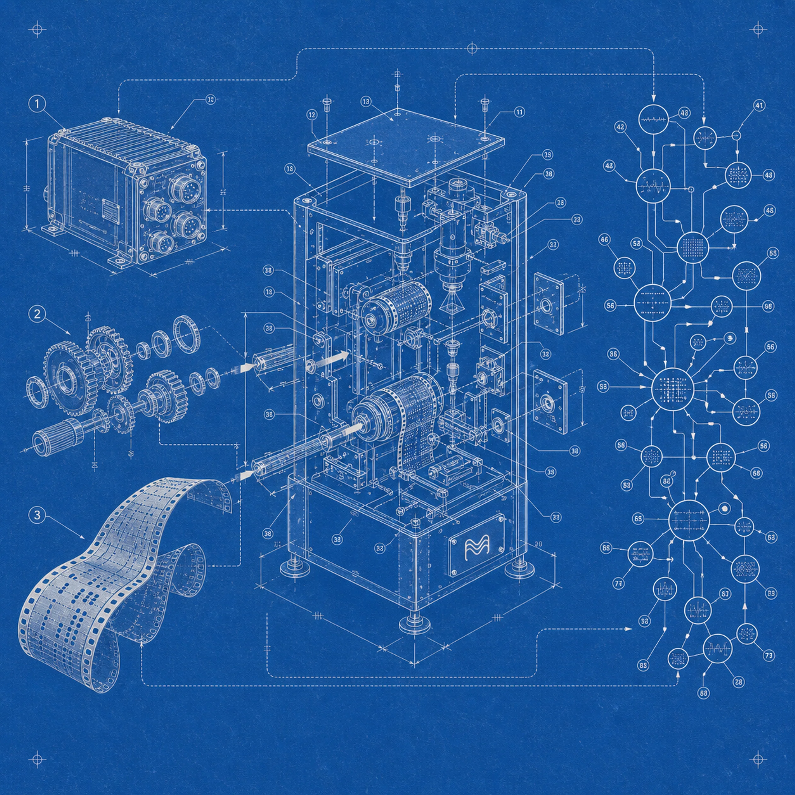 A blueprint of a custom capture pipeline: a flight recorder, an exploded gear assembly, and a strip of instrument tape feeding a sectioned machine bearing the Meshline mark, whose output is an ordered graph of connected nodes.