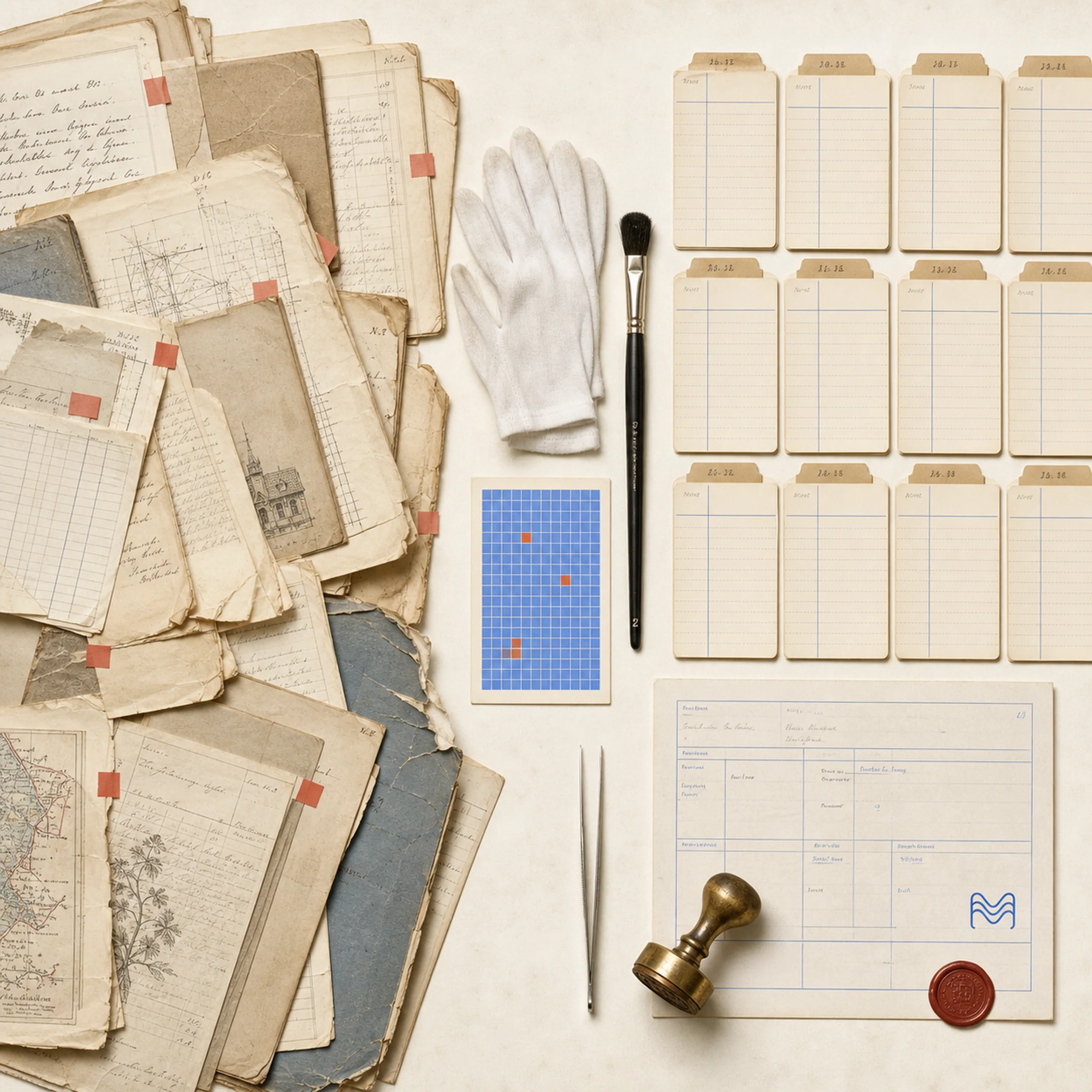 A knowledge estate put in order: a drift of tangled aged documents on the left, the steward's gloves, brush, and a small heatmap card in the middle, a clean grid of tabbed index cards on the right, and a certification sheet stamped with the Meshline mark beside a wax seal.
