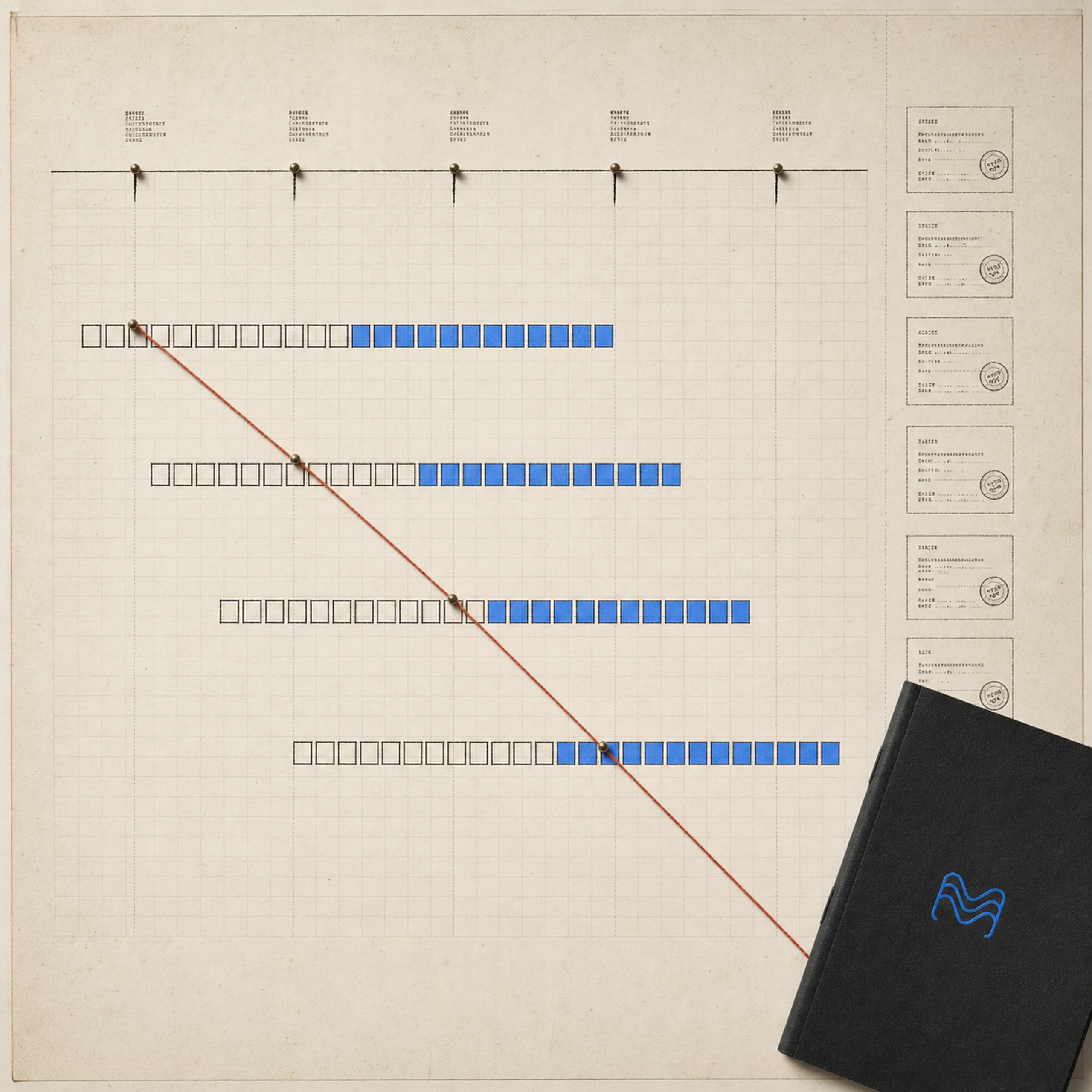 A deployment program chart: a quarterly timeline, four adoption waves of team tokens filling to solid blue, a red thread tracing the critical path, a stamped decision log down the edge, and a black quarterly report embossed with the Meshline mark.